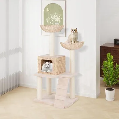 Immagine prodotto di Albero per gatti - Altezza 150 cm - Quattro livelli - Realizzato in legno e sisal, colore beige - Ideale per arrampicarsi e grattarsi