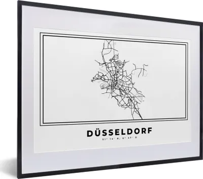 Produktbild von MuchoWow® Gerahmtes Poster Stadtplan - Schwarz-weiß - Karte - Düsseldorf - Deutschland 40x30 cm - Poster mit Schwarzem Bilderrahmen Wandposter Rahmen Foto Bilder - Bilderrahmen - Poster im Rahmen