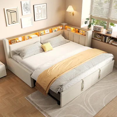 Image de Lit de jour Flieks, dimensions 90 x 200 cm ou 180 x 200 cm, avec lit tiroir, canapé-lit avec éclairage LED, lit simple avec rangement, couleur beige, tissu lin et MDF