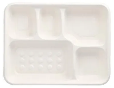 Produktbild von 5x PAPSTAR 25 Menü-Trays, Zuckerrohr "pure" 5-geteilt 3,7 cm x 22 cm x 28,2 cm weiss | Unbekannte Einheit (25 Stück)