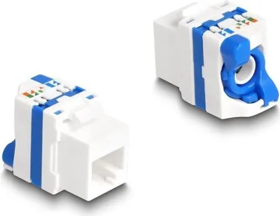 Produktbild von Delock Keystone Modul RJ45 Buchse zu LSA Cat.6A werkzeugfrei mit blauen Drehverschluss