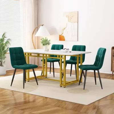 Immagine prodotto di Set da pranzo con tavolo da 120x70 cm e 4 sedie, in velluto verde scuro e metallo dorato