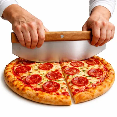Produktbild von Pizzaschneider 32 cm aus Edelstahl mit Holzgriff – Profi Wiegemesser für Pizza & Flammkuchen, saubere Schnitte ohne Belag zu verschieben