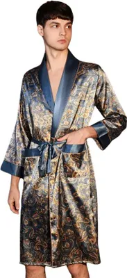 Image de Unyqoos® - Peignoir en satin pour hommes (style kimono) - Peignoir léger pour le matin et pour la maison, avec ceinture à nouer, aspect satiné brillant, taille L