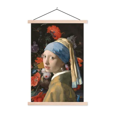 Produktbild von MuchoWow® Textilposter Das Mädchen mit dem Perlenohrring - Johannes Vermeer - Blumen 60x90 cm mit holzfarbenen Rahmen - Textil