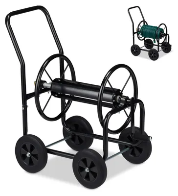 Produktbild von Relaxdays Schlauchwagen Metall, 4 Gummiräder, XL Schlauchtrommel, Kurbel, für 60m Schlauch, HBT 81 x 48 x 80 cm, schwarz