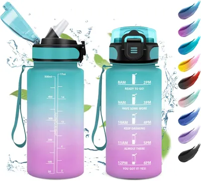 Immagine prodotto di Borraccia da 500 ml, con cannuccia e indicatore del tempo, a prova di perdite, ideale per la scuola