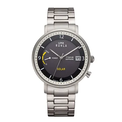 Produktbild von UMR RUHLA Armbanduhr für Damen und Herren, Solar, Titanarmband, wasserdicht, 41 mm Durchmesser, Farbe:Schwarz