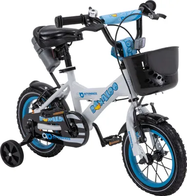 Produktbild von Actionbikes Kinderfahrrad Donaldo 12 Zoll | Kinder Fahrrad - V-Brake Bremsen - Kettenschutz - Fahrradständer - Fahrradkorb - 2-5 Jahre (Blau/Weiß)