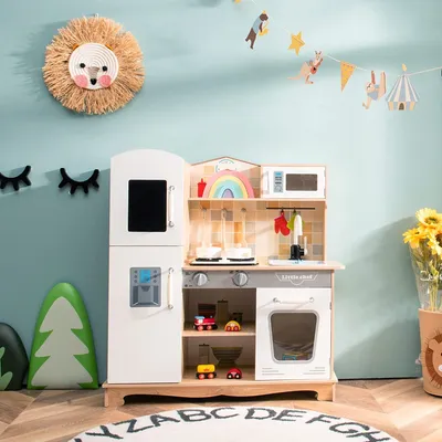 Produktbild von COSTWAY Kinderküche Holz, Kinder Spielküche mit Licht & Sound, Spielzeugküche Holzküche mit Spüle Backofen Mikrowelle Herd und Kochgeschirr für 3-7 Jahren Kinder 81x29x88,5cm