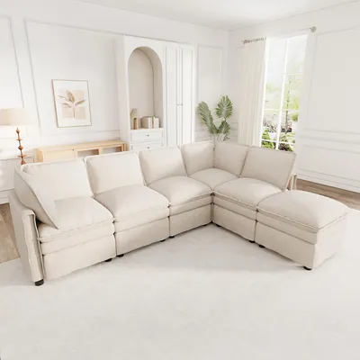 Immagine prodotto di DIVANO MODULARE XXL, divano componibile per 6 persone, con funzione letto, divano angolare con tessuto in chenille e cuscini imbottiti, forma a L o a U, colore beige, dimensioni 344 x 127 x 91 cm