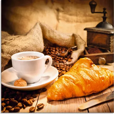 Produktbild von ARTland Glasbild Kaffeetasse mit Croissant Größe: 20x20 cm