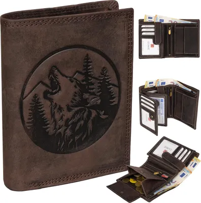Produktbild von RFID Büffel Echt Leder Geldbörse Portemonnaie Herren mit geprägtem Motiv  Braun Hochformat Bergwolf