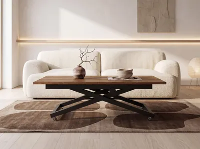 Produktbild von Couchtisch Höhenverstellbar Ausziehbar – Wohnzimmertisch & Esstisch mit Rollen, Schwarzem X-Gestell – 120 x 80 cm bis 160 x 80 cm – Eiche Braun Rustikal