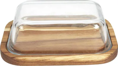 Image de HowHomely | Beurrier - Pot à beurre - 19 x 14 x 6 cm - 450 ml - Bois et verre - Cloche à beurre - Marron et transparent