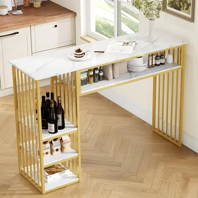 Produktbild von STILVORA Bartisch mit Stauraum,Stehtisch 140x40x105 cm mit 3 Ablageflächen,Küchentresen mit MDF-Tischplatte in Marmoroptik und goldenem Metallgestell