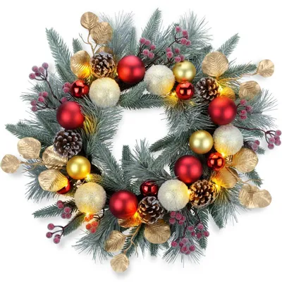 Produktbild von Weihnachtskranz 50,8 cm mit Kugeln, Beeren, Tannenzapfen, Blättern, Fichtenzweigen und Tannennadeln (Rot) mit LED-Lichterkette