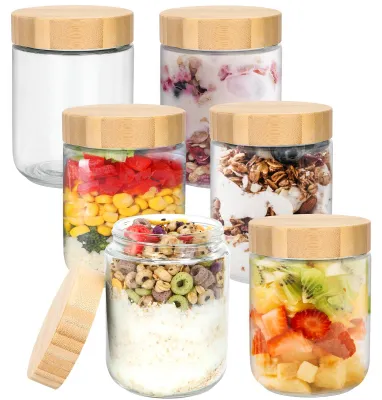 Zdjęcie produktu dla Słoik szklany z drewnianą pokrywką - Zestaw 6 szt. - 500 ml - Szczelny - Do owsianki i jogurtu