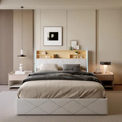 Image de Lit double - Sommier - 160 x 200 cm - Avec rangement - Éclairage LED - Port de recharge USB - Simili cuir - Noir