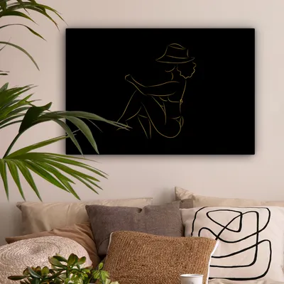 Produktbild von OneMillionCanvasses® - Leinwandbilder - 150x100 cm, Frau - Hut - Gold - Strichzeichnung, Wandbilder Kunstdruck Wanddekoration