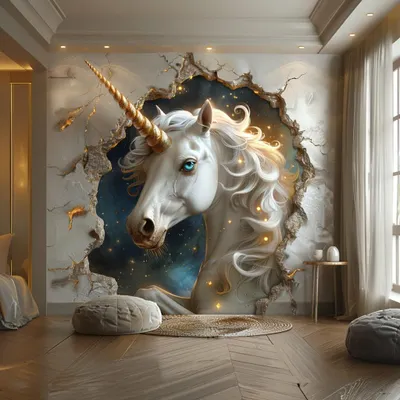 Fantasie-Einhorn mit 3D-Mauerdurchbruch – Decords Wandtattoo, Produktansicht 1