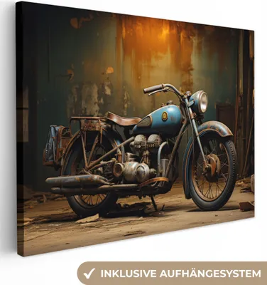 Produktbild von MuchoWow® - Leinwandbilder - Vintage - Motorrad - Blau - Alt - Garage, Wandbild, Wanddeko Bilder Wohnzimmer, 80x60cm