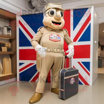 Productafbeelding van Beige Britse Royal Guard mascotte REDBROKOLY kostuum karakter gekleed met een Joggers en aktetassen
