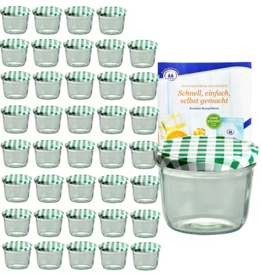 Produktbild von 40er Set Sturzglas 230 ml mit grün kariertem Deckel inkl. Diamant Gelierzauber Rezeptheft