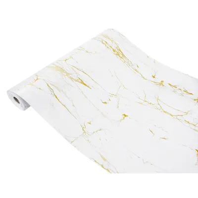 A roll of marble-patterned wallpaper with gold veins, displayed diagonally against a white background.