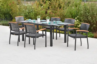 Produktbild von Merxx Gartenmöbel Set Tinos 13tlg., 6 Stapelsessel, 6 Auflagen, Ausziehtisch 150 (200) x 90 cm- Aluminium/Akazie