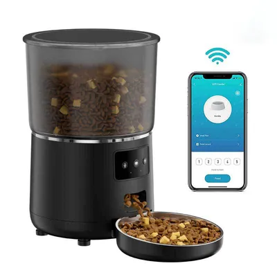 Imagen del producto de Dispensador de comida para mascotas: Automático e inteligente, con capacidad de 4 litros, control mediante aplicación, con cuenco de acero inoxidable 304 y diseño antiatascos