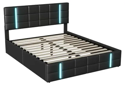 Produktbild von Polsterbett - Doppelbett - Mit Stauraum - Hydraulischer Lift - LED & USB - Kopfteil - Holzrahmen - 140x200 cm - Schwarz