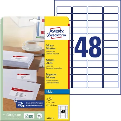 Produktbild von Avery Zweckform J4791-25 Adress-Etiketten, 45,7 x 21,2 mm, 25 Blatt/1.200 Etiketten, weiß