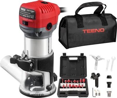 Produktbild von TEENO Holzfräse 710W 13000–33000 U/min mit Staubabsaugungsanschluss, 15 Stück 1/4" Fräsen Cuter, 6 Geschwindigkeiten, Spannzange 6MM, 6.35MM, 8MM