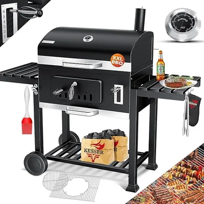 Imagen del producto de Barbacoa de carbón XXL con carro, tapa y termómetro: gran barbacoa de carbón, ahumador con chimenea y ventilación, con parrilla, rejilla de calentamiento, ruedas, espacio de almacenamiento y depósito de cenizas