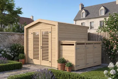 Produktbild von Gartenhaus Killarney, 250x250cm, Naturbelassen, 28mm, 3er Mülltonnenbox, KI-generiertes Bild