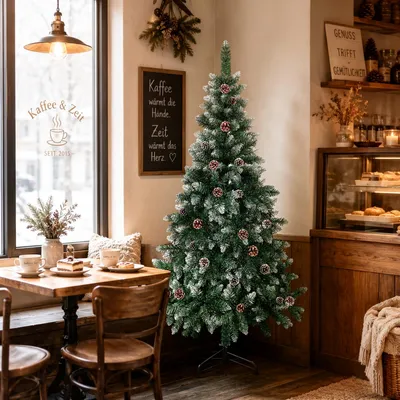 Produktbild von Eikuavons Künstlicher Weihnachtsbaum 180 cm Grün mit 28 Tannenzapfen und Schnee-Effekt, 500 Zweigspitzen, PVC, Metallständer