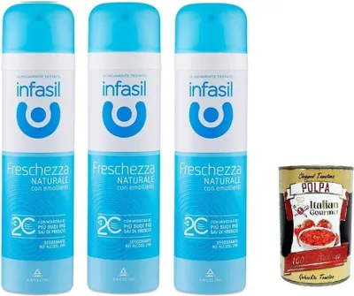 Produktbild von Infasil Deodorant-Spray natürliche Frische mit Molekül 2C, ohne Alkohol, wirksam bis zu 24 Stunden, 3x 150 ml + Italian Gourmet polpa 400