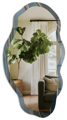 Produktbild von Asymmetrischer Wandspiegel mit Druck – 90x45 cm – unregelmäßige organische Form – moderner Dekospiegel – für Wohnzimmer, Flur und Schlafzimmer - Wellenförmige Formen, KI-generiertes Bild