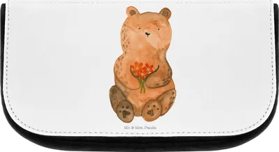 Produktbild von Mr. & Mrs. Panda Kosmetiktasche Bär Dankbar - Weiß - Geschenk, Kulturtasche, Danke, Dankeschön, Make-up Täschchen, klein, kulturtäschchen, Blumen, Teddy, Organizer