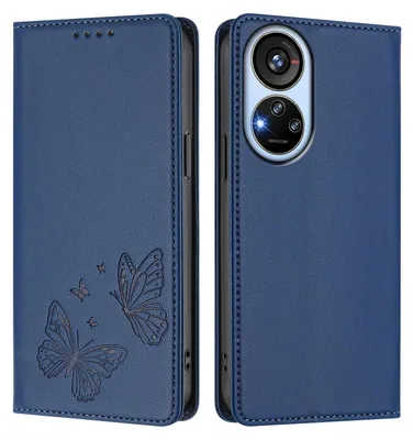 Produktbild von Lederhülle für ZTE Blade V40s, Schmetterling Prägung Leder Brieftasche Schutzhülle mit Ständer Dunkelblau