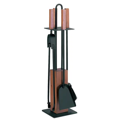 Produktbild von Kaminbesteck Kaminzubehör - schwarz beschichtet mit Griffen und Sockel - Eiche gedämpft, Höhe - 65cm