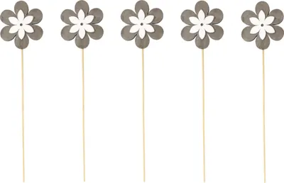 Produktbild von Blumen-Stecker Blume grau weiß mit Holzstab 5 Stück