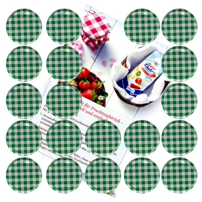 Produktbild von 20er Set Deckel To 82 grün kariert passend für 230ml / 350ml / 435ml Gläser incl. Diamant-Zucker Gelierzauber Rezeptheft