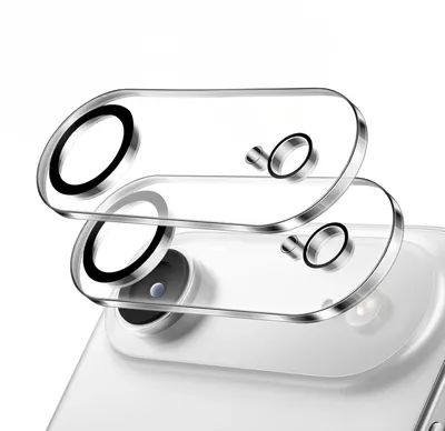 Two clear camera lens protectors are shown stacked on top of each other, with the bottom one positioned over the camera lenses of a white smartphone.