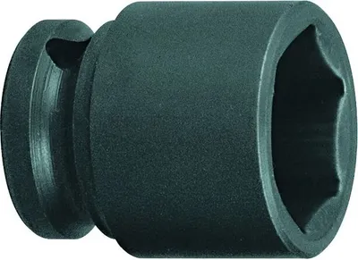 A close-up, studio shot of a single black socket wrench head.