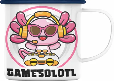 Produktbild von Trendation - Axolotl Emaille Tasse Grafik Lustig Geschenkidee Schwanzlurch Tiere Geschenk Gamer (Blau)