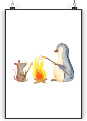 Produktbild von Mr. & Mrs. Panda Bild Pinguin Lagerfeuer DIN A5 - Weiß - Geschenk, Deko Poster, kunstdruck, drucke, Maus, Job, Wandbild, Pinguine, Arbeit, Büro, Grillen