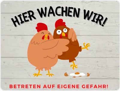 Produktbild von Hühner Metallschild XL in 21x28 cm mit Spruch Hier wachen wir Betreten auf