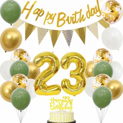 Immagine prodotto di Decorazioni per il 23° compleanno, color salvia, bianco e oro, palloncini e decorazioni per la torta, per una festa